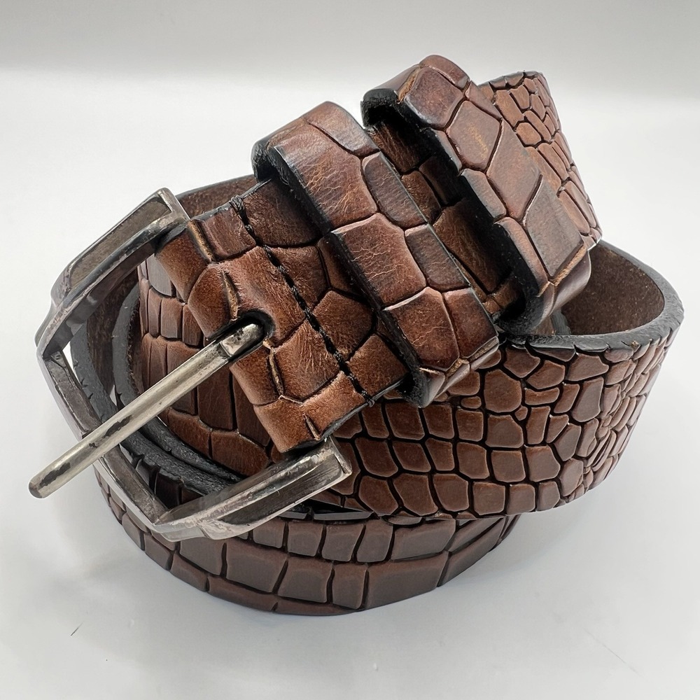 Allen Edmonds Handcrafted USA Leather Belt Brass Buckle Italy 36 Brown Reptile